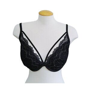 Iris & Lilly Black Underwire Cage Bra Size US 36DD w/silver Floral Overlay